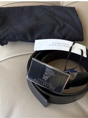 NWT Versace Collection Black Leather Belt with Logo Plaque